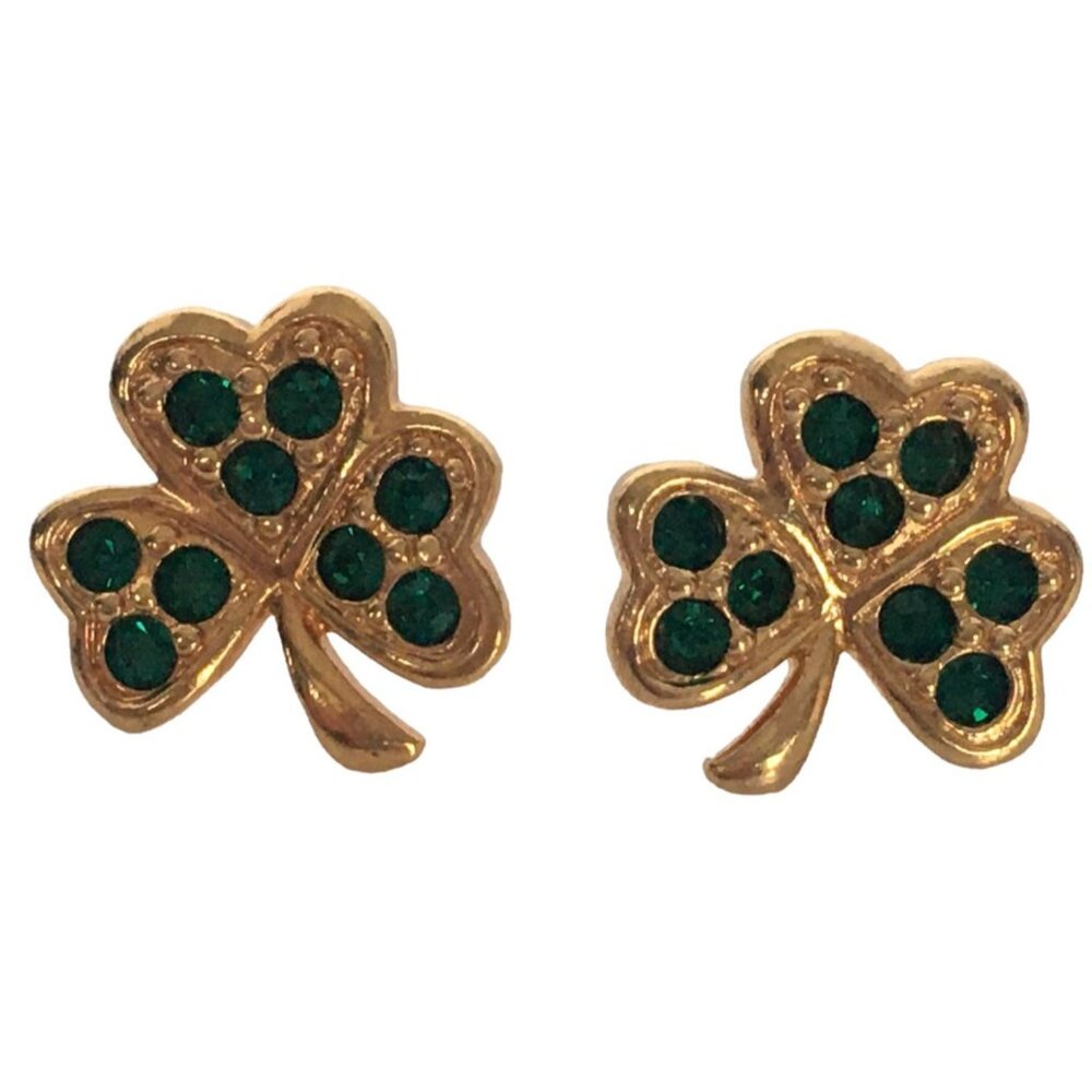 Avon St Patricks Day Earrings Set Shamrocks Green Gold Tone Good Luck Jewelry